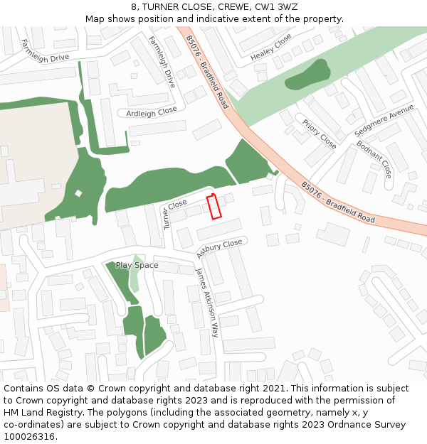 8, TURNER CLOSE, CREWE, CW1 3WZ: Location map and indicative extent of plot