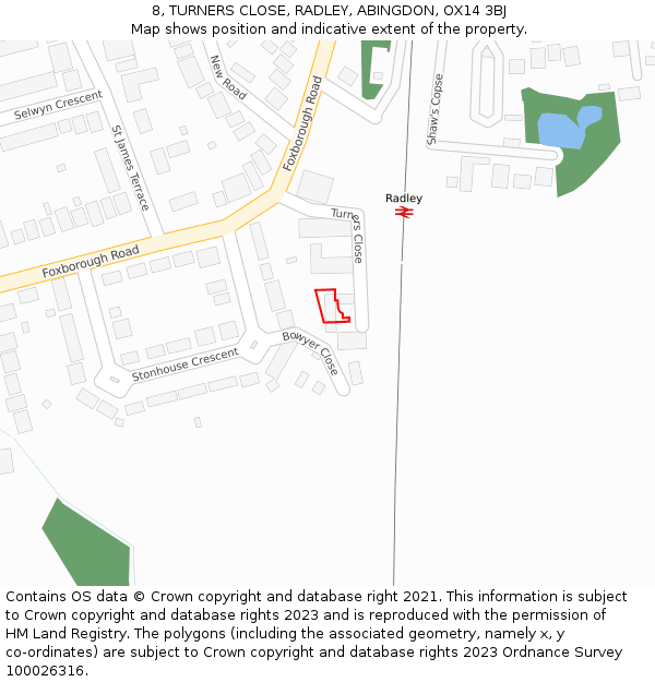 8, TURNERS CLOSE, RADLEY, ABINGDON, OX14 3BJ: Location map and indicative extent of plot