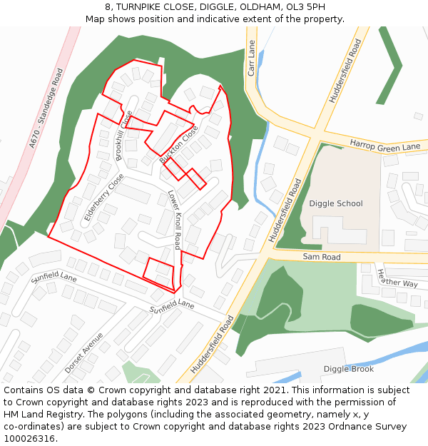 8, TURNPIKE CLOSE, DIGGLE, OLDHAM, OL3 5PH: Location map and indicative extent of plot