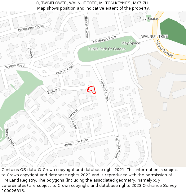 8, TWINFLOWER, WALNUT TREE, MILTON KEYNES, MK7 7LH: Location map and indicative extent of plot