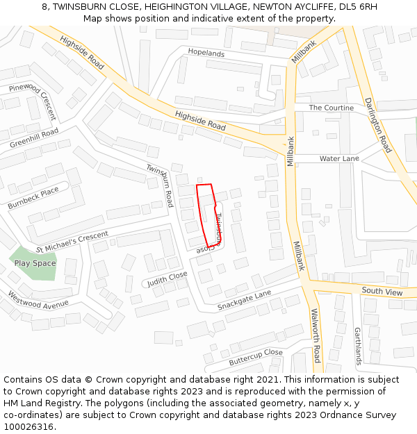 8, TWINSBURN CLOSE, HEIGHINGTON VILLAGE, NEWTON AYCLIFFE, DL5 6RH: Location map and indicative extent of plot