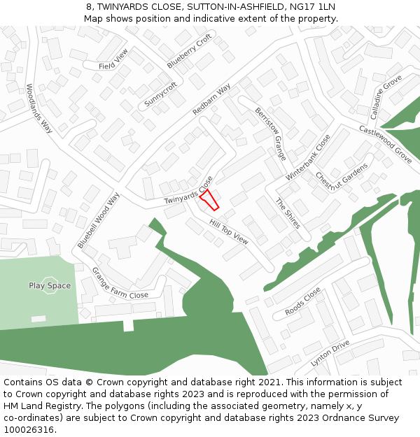 8, TWINYARDS CLOSE, SUTTON-IN-ASHFIELD, NG17 1LN: Location map and indicative extent of plot