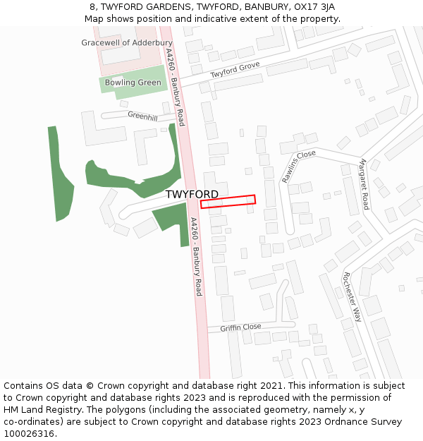 8, TWYFORD GARDENS, TWYFORD, BANBURY, OX17 3JA: Location map and indicative extent of plot