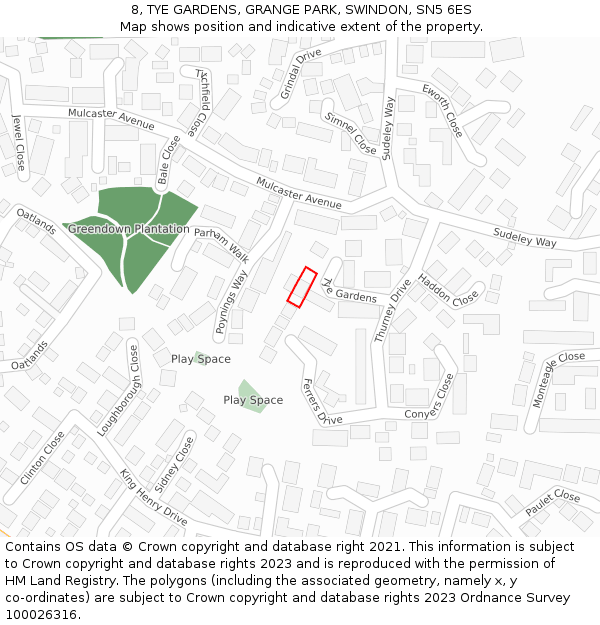 8, TYE GARDENS, GRANGE PARK, SWINDON, SN5 6ES: Location map and indicative extent of plot