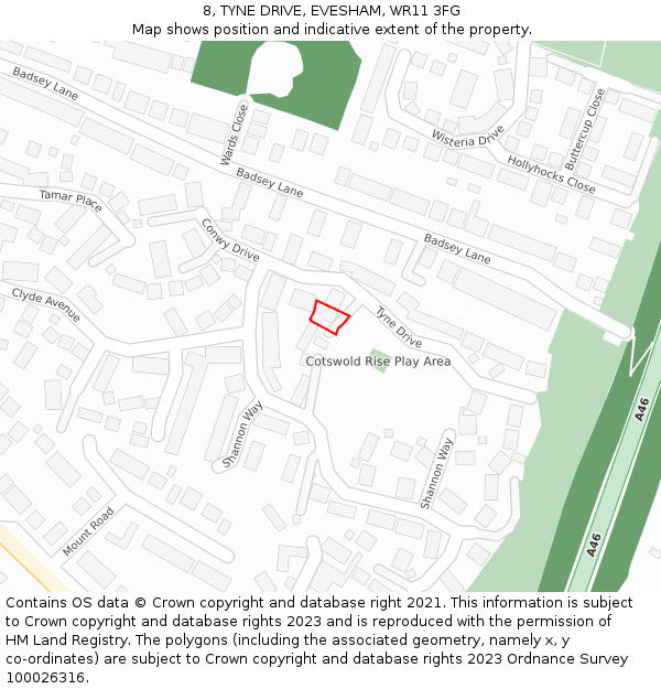 8, TYNE DRIVE, EVESHAM, WR11 3FG: Location map and indicative extent of plot