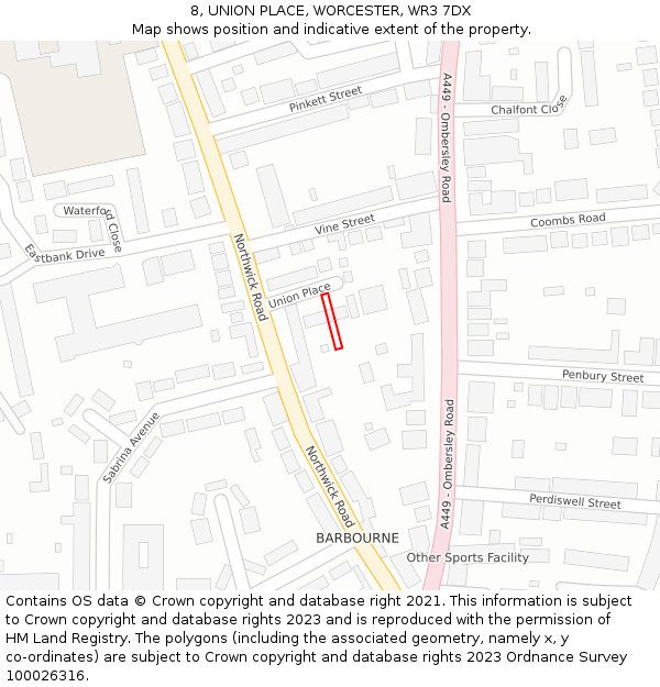 8, UNION PLACE, WORCESTER, WR3 7DX: Location map and indicative extent of plot