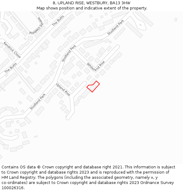 8, UPLAND RISE, WESTBURY, BA13 3HW: Location map and indicative extent of plot