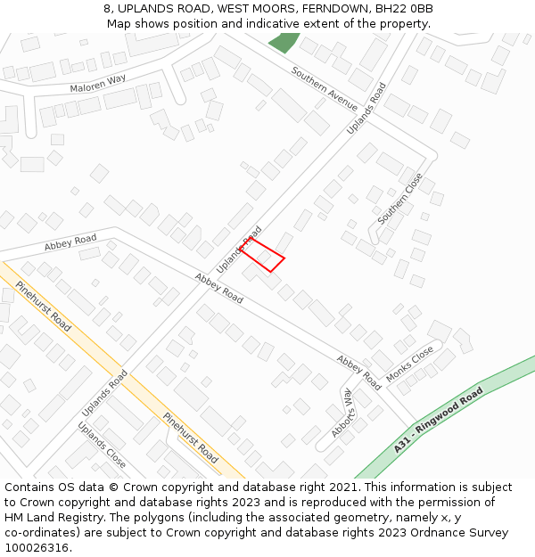 8, UPLANDS ROAD, WEST MOORS, FERNDOWN, BH22 0BB: Location map and indicative extent of plot