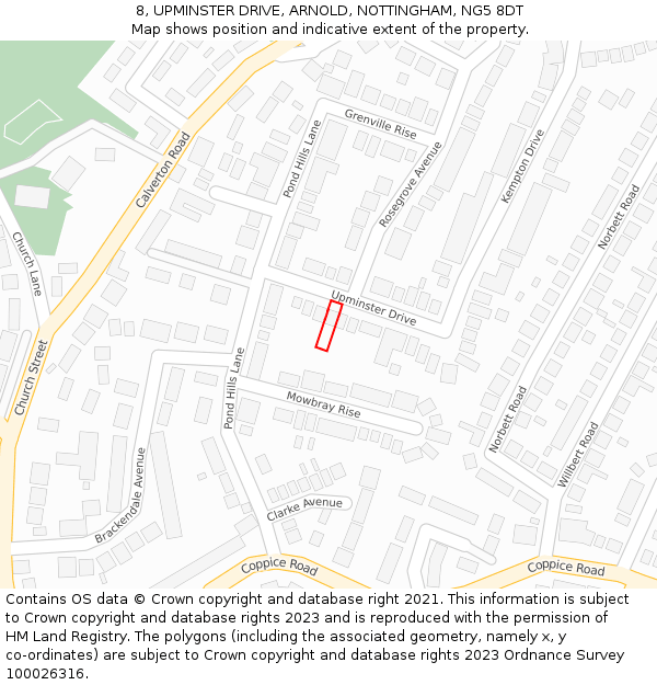 8, UPMINSTER DRIVE, ARNOLD, NOTTINGHAM, NG5 8DT: Location map and indicative extent of plot