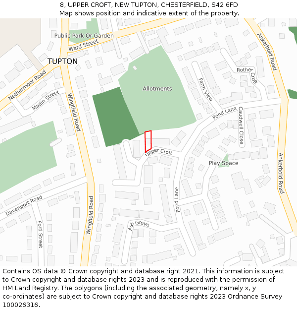 8, UPPER CROFT, NEW TUPTON, CHESTERFIELD, S42 6FD: Location map and indicative extent of plot