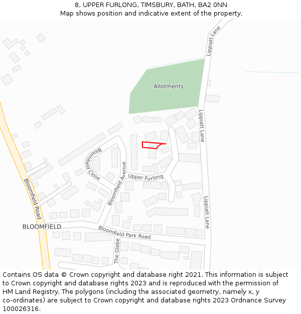 8, UPPER FURLONG, TIMSBURY, BATH, BA2 0NN: Location map and indicative extent of plot