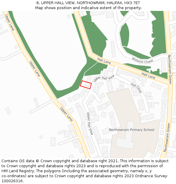 8, UPPER HALL VIEW, NORTHOWRAM, HALIFAX, HX3 7ET: Location map and indicative extent of plot