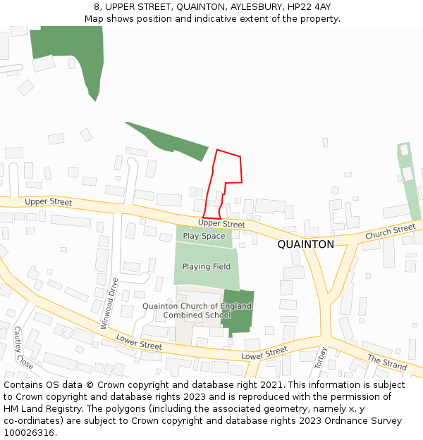 8, UPPER STREET, QUAINTON, AYLESBURY, HP22 4AY: Location map and indicative extent of plot
