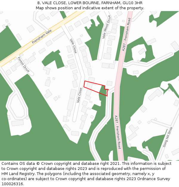 8, VALE CLOSE, LOWER BOURNE, FARNHAM, GU10 3HR: Location map and indicative extent of plot