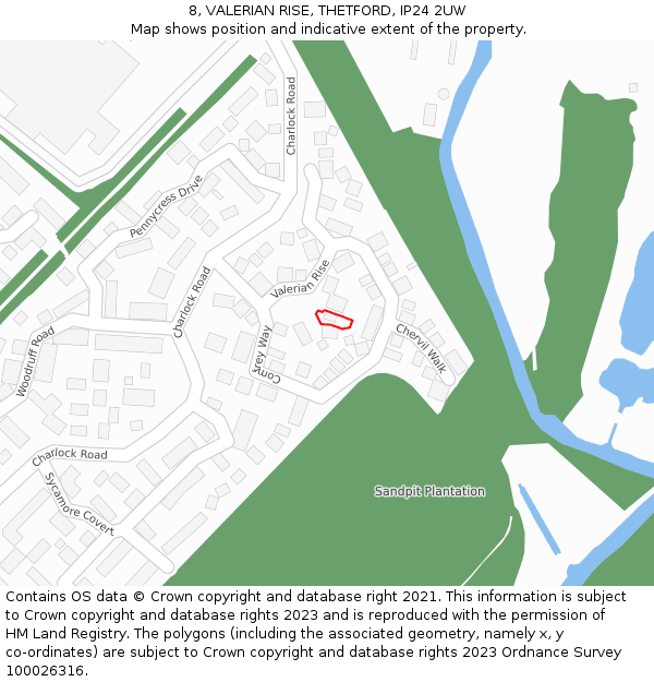 8, VALERIAN RISE, THETFORD, IP24 2UW: Location map and indicative extent of plot