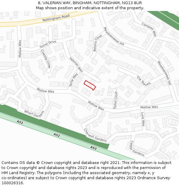 8, VALERIAN WAY, BINGHAM, NOTTINGHAM, NG13 8UR: Location map and indicative extent of plot