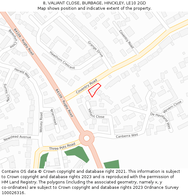 8, VALIANT CLOSE, BURBAGE, HINCKLEY, LE10 2GD: Location map and indicative extent of plot