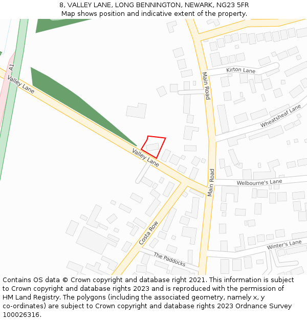 8, VALLEY LANE, LONG BENNINGTON, NEWARK, NG23 5FR: Location map and indicative extent of plot