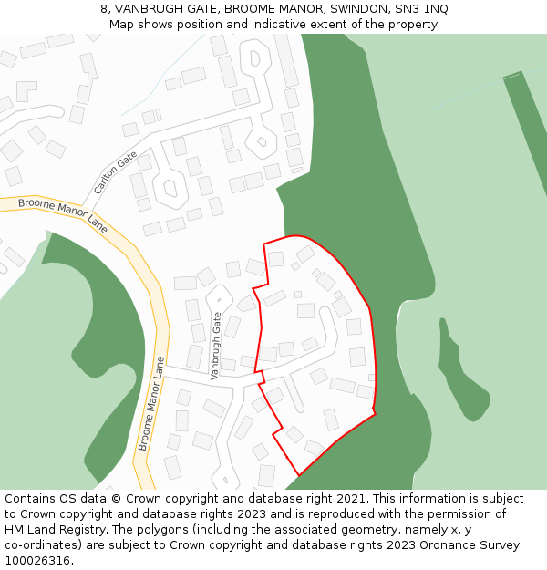 8, VANBRUGH GATE, BROOME MANOR, SWINDON, SN3 1NQ: Location map and indicative extent of plot