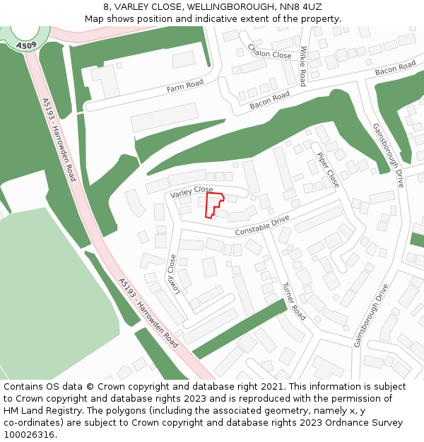 8, VARLEY CLOSE, WELLINGBOROUGH, NN8 4UZ: Location map and indicative extent of plot