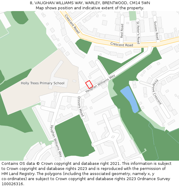 8, VAUGHAN WILLIAMS WAY, WARLEY, BRENTWOOD, CM14 5WN: Location map and indicative extent of plot