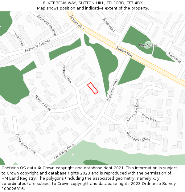 8, VERBENA WAY, SUTTON HILL, TELFORD, TF7 4DX: Location map and indicative extent of plot