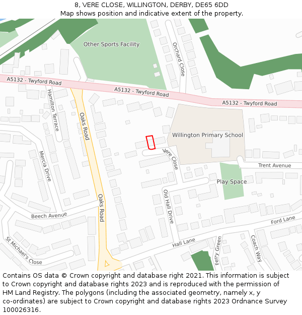 8, VERE CLOSE, WILLINGTON, DERBY, DE65 6DD: Location map and indicative extent of plot