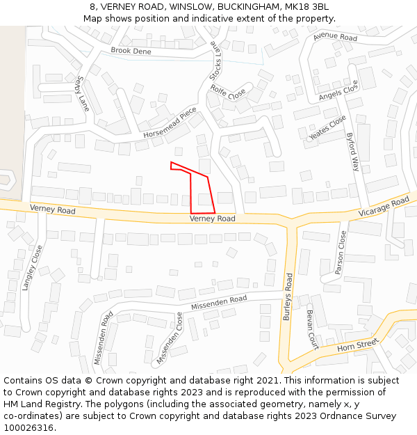 8, VERNEY ROAD, WINSLOW, BUCKINGHAM, MK18 3BL: Location map and indicative extent of plot
