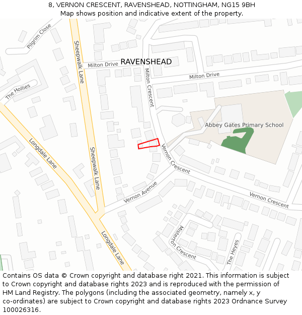 8, VERNON CRESCENT, RAVENSHEAD, NOTTINGHAM, NG15 9BH: Location map and indicative extent of plot