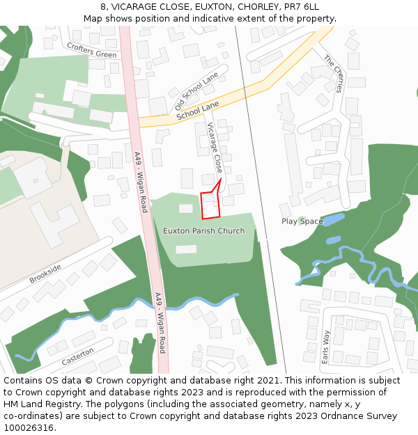 8, VICARAGE CLOSE, EUXTON, CHORLEY, PR7 6LL: Location map and indicative extent of plot