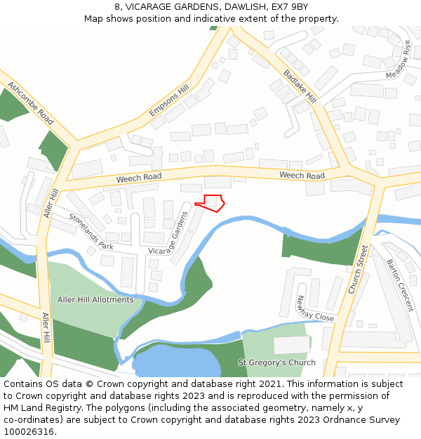 8, VICARAGE GARDENS, DAWLISH, EX7 9BY: Location map and indicative extent of plot