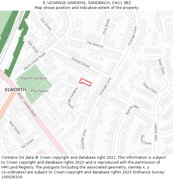 8, VICARAGE GARDENS, SANDBACH, CW11 3BZ: Location map and indicative extent of plot