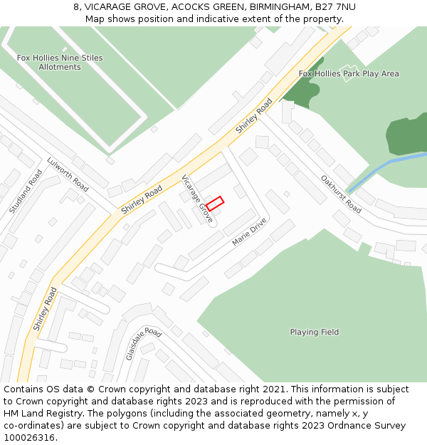 8, VICARAGE GROVE, ACOCKS GREEN, BIRMINGHAM, B27 7NU: Location map and indicative extent of plot