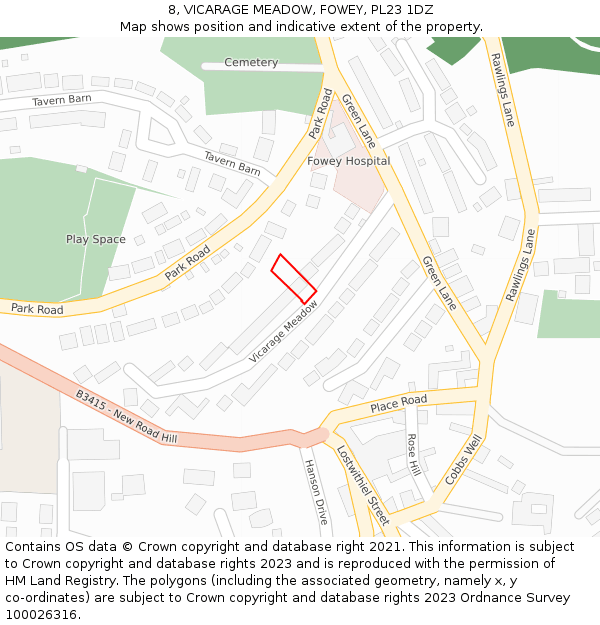 8, VICARAGE MEADOW, FOWEY, PL23 1DZ: Location map and indicative extent of plot