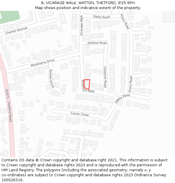 8, VICARAGE WALK, WATTON, THETFORD, IP25 6PH: Location map and indicative extent of plot