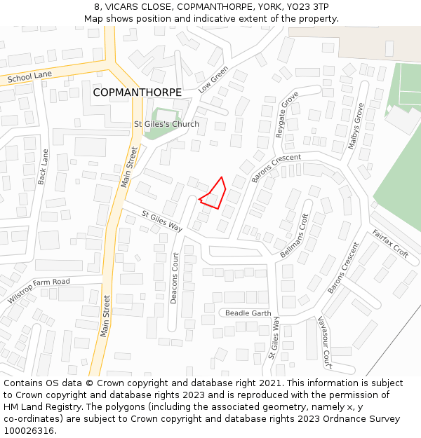 8, VICARS CLOSE, COPMANTHORPE, YORK, YO23 3TP: Location map and indicative extent of plot
