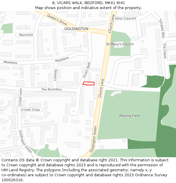 8, VICARS WALK, BEDFORD, MK41 9HG: Location map and indicative extent of plot