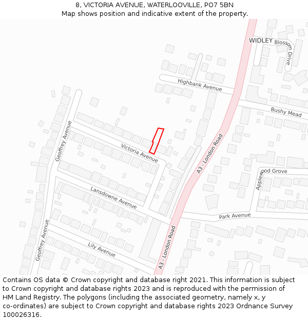8, VICTORIA AVENUE, WATERLOOVILLE, PO7 5BN: Location map and indicative extent of plot