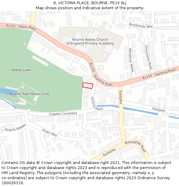 8, VICTORIA PLACE, BOURNE, PE10 9LJ: Location map and indicative extent of plot