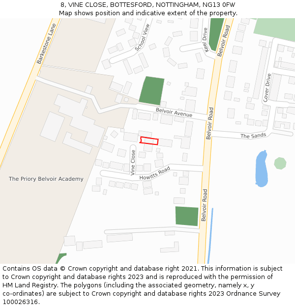 8, VINE CLOSE, BOTTESFORD, NOTTINGHAM, NG13 0FW: Location map and indicative extent of plot