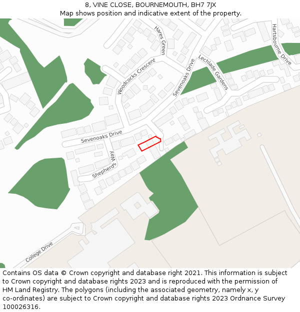 8, VINE CLOSE, BOURNEMOUTH, BH7 7JX: Location map and indicative extent of plot