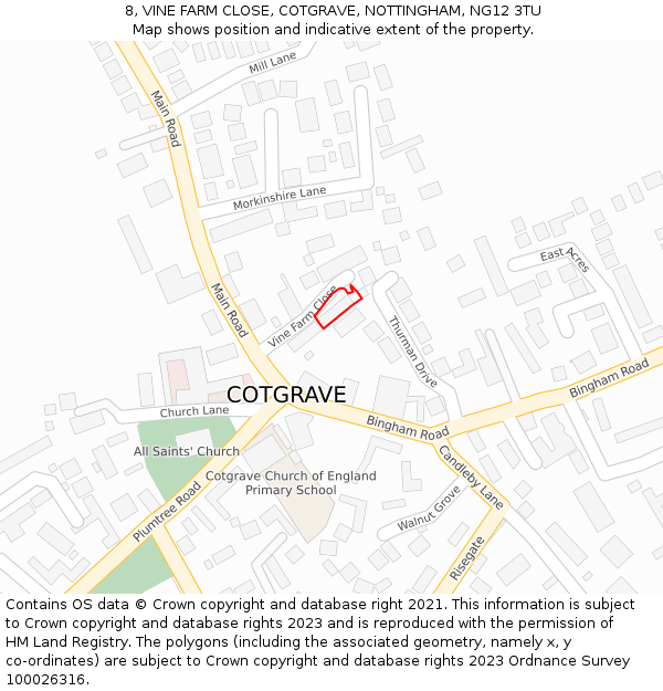 8, VINE FARM CLOSE, COTGRAVE, NOTTINGHAM, NG12 3TU: Location map and indicative extent of plot