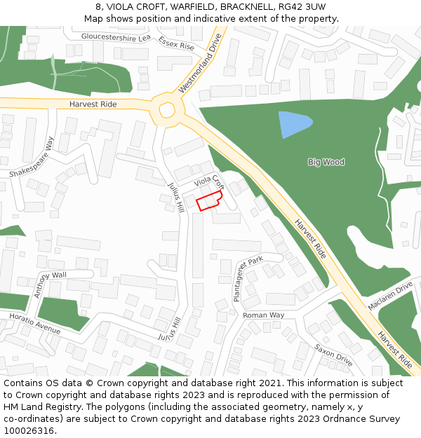 8, VIOLA CROFT, WARFIELD, BRACKNELL, RG42 3UW: Location map and indicative extent of plot