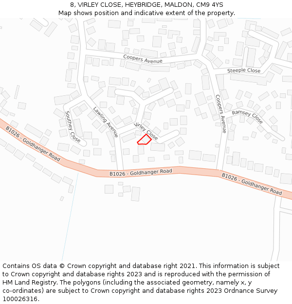 8, VIRLEY CLOSE, HEYBRIDGE, MALDON, CM9 4YS: Location map and indicative extent of plot