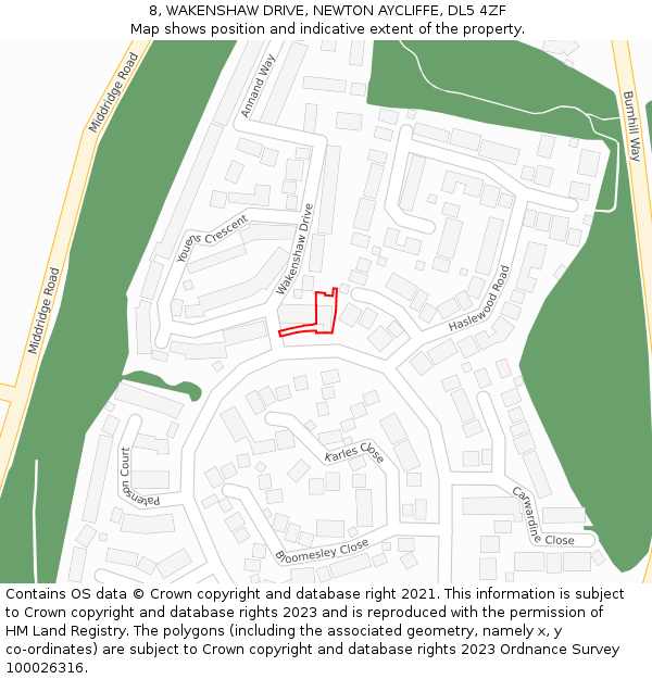 8, WAKENSHAW DRIVE, NEWTON AYCLIFFE, DL5 4ZF: Location map and indicative extent of plot