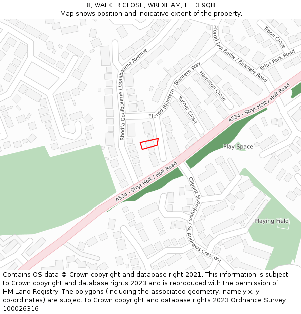 8, WALKER CLOSE, WREXHAM, LL13 9QB: Location map and indicative extent of plot