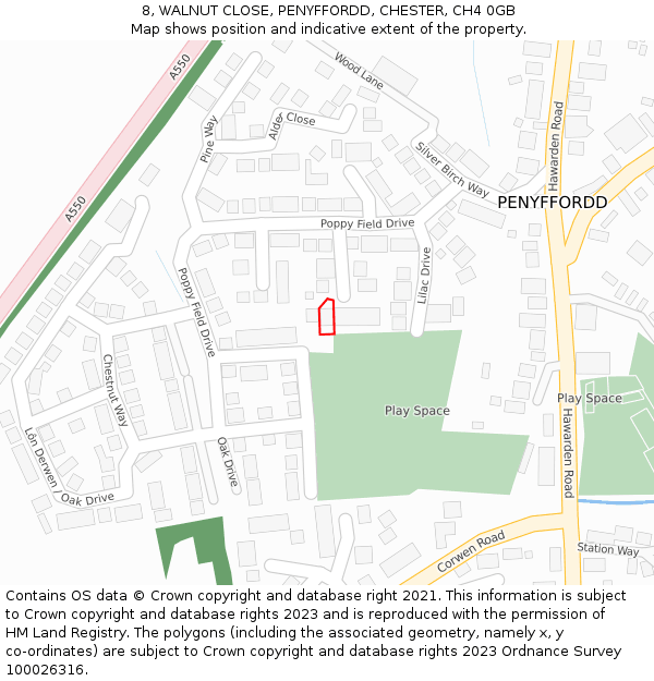 8, WALNUT CLOSE, PENYFFORDD, CHESTER, CH4 0GB: Location map and indicative extent of plot