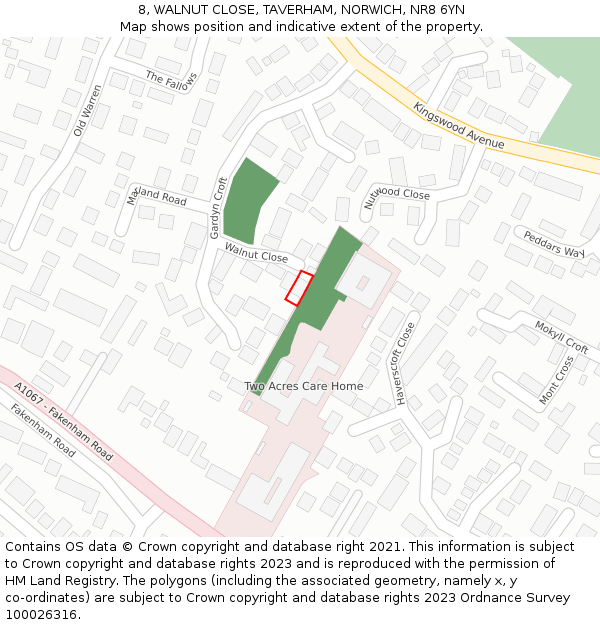 8, WALNUT CLOSE, TAVERHAM, NORWICH, NR8 6YN: Location map and indicative extent of plot