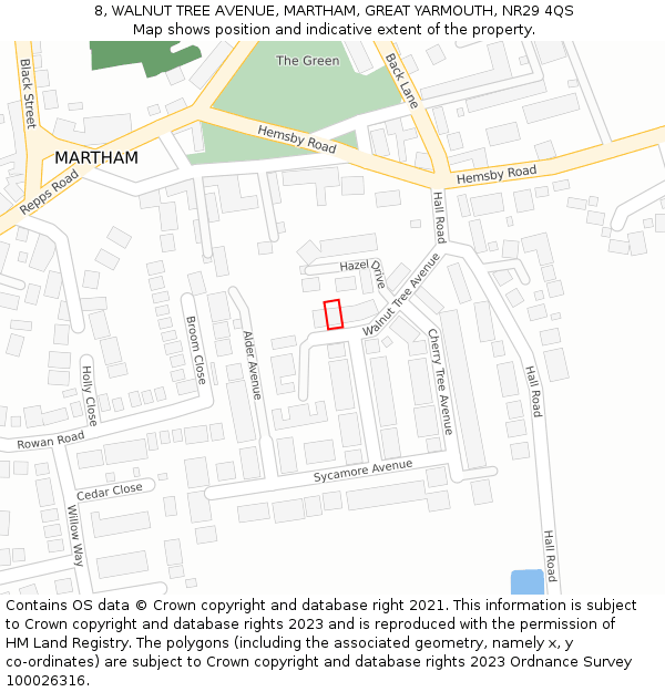 8, WALNUT TREE AVENUE, MARTHAM, GREAT YARMOUTH, NR29 4QS: Location map and indicative extent of plot