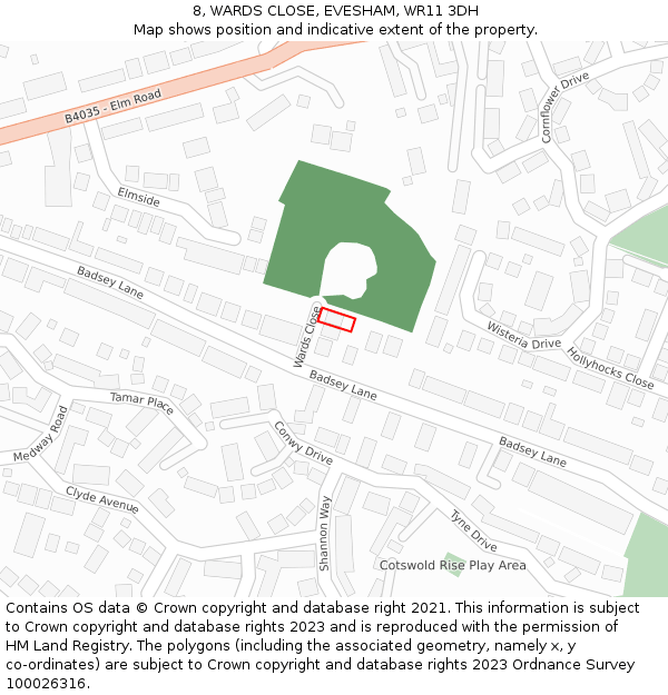 8, WARDS CLOSE, EVESHAM, WR11 3DH: Location map and indicative extent of plot